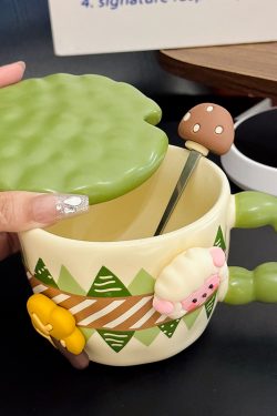 Cute Little Sheep Ceramic Mug with Lid and Spoon - Creative Niche Coffee Mug for Girls, Perfect for Home and Office Use