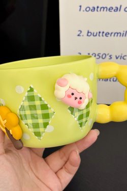 Cute Little Sheep Ceramic Mug with Lid and Spoon - Creative Niche Coffee Mug for Girls, Perfect for Home and Office Use