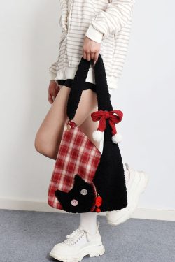 Cute Plush Cat Tote Bag - Red Series New Year Birthstone Lucky Shoulder Crossbody Bag for Y2K and Korean Style Fashion