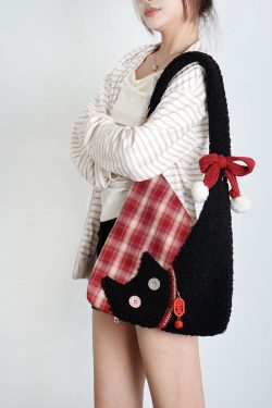 Cute Plush Cat Tote Bag - Red Series New Year Birthstone Lucky Shoulder Crossbody Bag for Y2K and Korean Style Fashion