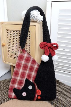 Cute Plush Cat Tote Bag - Red Series New Year Birthstone Lucky Shoulder Crossbody Bag for Y2K and Korean Style Fashion