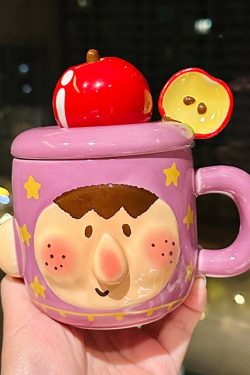 Cute Quirky Apple Ceramic Mug with Lid and Spoon – Fun Water Cup for Girls, Perfect Birthday Gift, High-Value Design