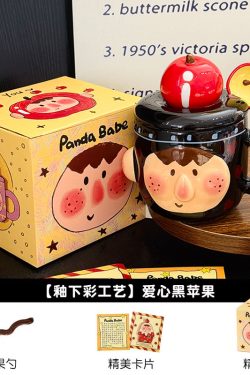 Cute Quirky Apple Ceramic Mug with Lid and Spoon – Fun Water Cup for Girls, Perfect Birthday Gift, High-Value Design