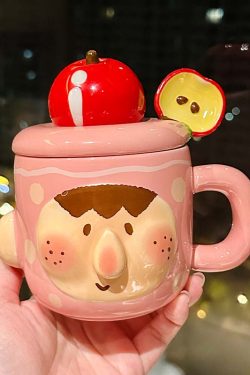 Cute Quirky Apple Ceramic Mug with Lid and Spoon – Fun Water Cup for Girls, Perfect Birthday Gift, High-Value Design