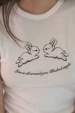 Cute Rabbit Print Slim Fit Short Sleeve Cotton T-Shirt for Women - Korean Niche Design, Heavyweight Fabric, Trendy Style