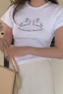 Cute Rabbit Print Slim Fit Short Sleeve Cotton T-Shirt for Women - Korean Niche Design, Heavyweight Fabric, Trendy Style