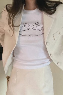 Cute Rabbit Print Slim Fit Short Sleeve Cotton T-Shirt for Women - Korean Niche Design, Heavyweight Fabric, Trendy Style