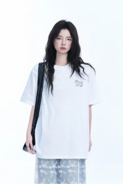 Cute White Oversized Short Sleeve T-Shirt for Women with Sheep Graphic - Summer Y2K Style, Casual Loose Fit