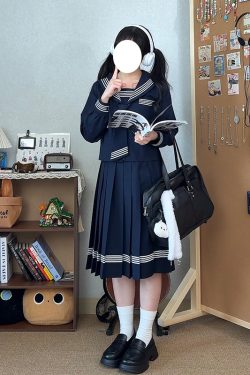 Dark Blue Japanese Style Long Sleeve JK Uniform Set for Women - Pudding Bear Pudding Bear Inspired Spring Fashion