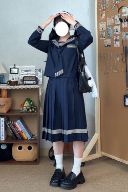 Dark Blue Japanese Style Long Sleeve JK Uniform Set for Women - Pudding Bear Pudding Bear Inspired Spring Fashion