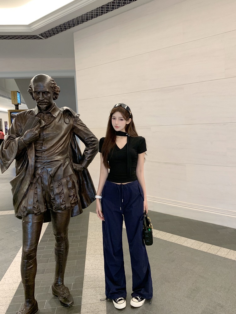 Dark Blue Low-Waist Cargo Pants for Women - Loose Fit, Slimming Casual Floor-Length Style, Perfect for Y2K and Everyday Wear Dark Blue Low-Waist Cargo Pants for Women - Loose Fit, Slimming Casual Floor-Length Style, Perfect for Y2K and Everyday Wear