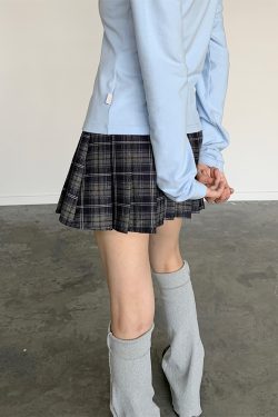 Dark Blue Plaid Pleated Skirt for Autumn & Winter - Mid-Low Waist, Lined, Punk Style, Niche Fashion, Trendy Layering Piece