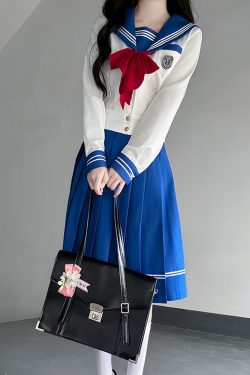 Dark Blue Sailor Suit Set - Japanese JK Uniform with Pudding Bear Design, College Style Long Skirt, Summer Fashion