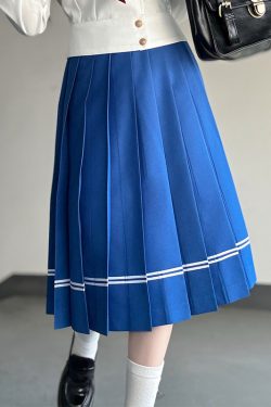 Dark Blue Sailor Suit Set - Japanese JK Uniform with Pudding Bear Design, College Style Long Skirt, Summer Fashion