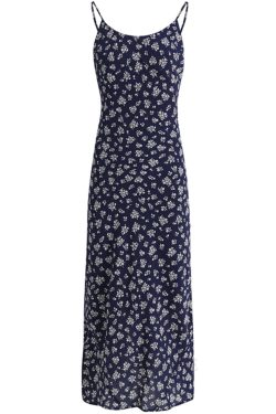 Dark Blue Spaghetti Strap Tea-Length Dress - French Style Vacation Dress for Women, Summer 2025 Fashion