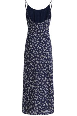 Dark Blue Spaghetti Strap Tea-Length Dress - French Style Vacation Dress for Women, Summer 2025 Fashion