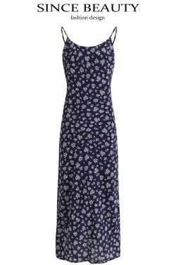 Dark Blue Spaghetti Strap Tea-Length Dress - French Style Vacation Dress for Women, Summer 2025 Fashion