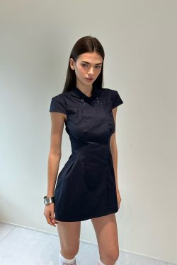 Dark Blue Waist-Cinching Dress with Small Lapel - High-Level Girlish Charm, Mystical Fashion Inspired, Y2K Style