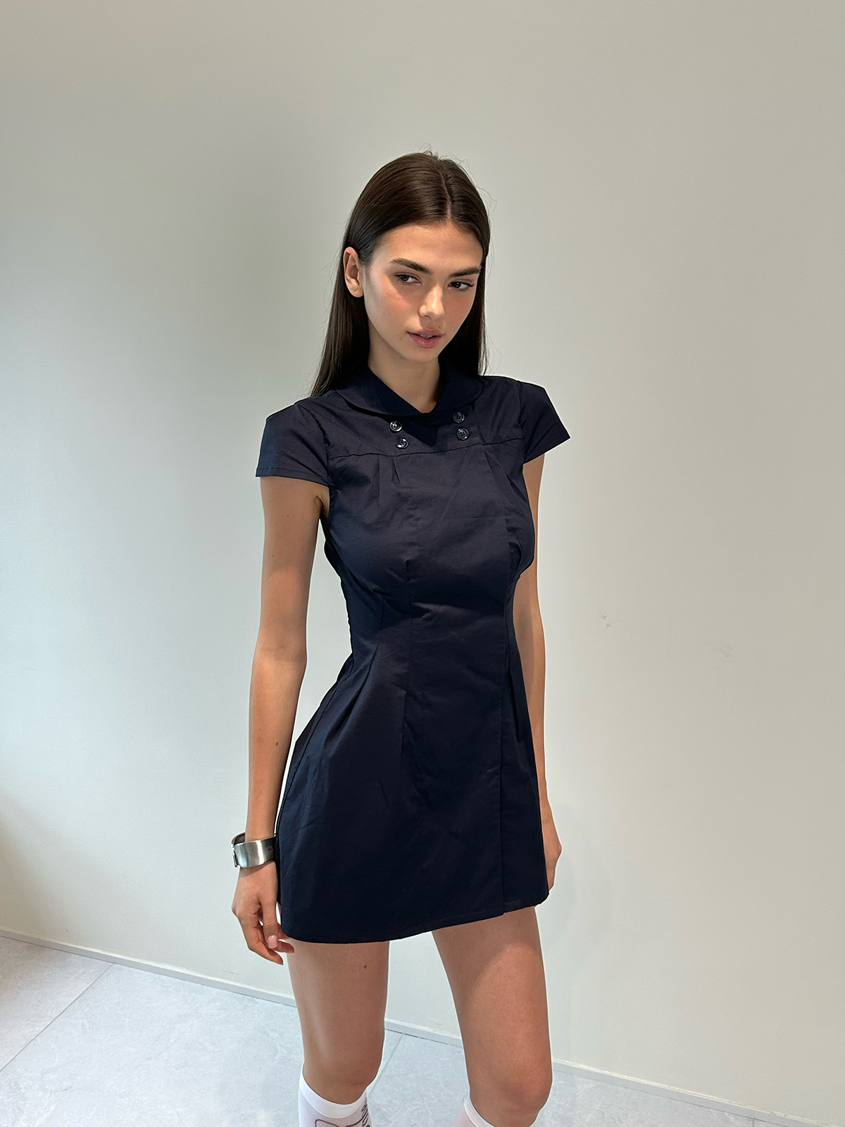 Dark Blue Waist-Cinching Dress with Small Lapel - High-Level Girlish Charm, Mystical Fashion Inspired, Y2K Style Dark Blue Waist-Cinching Dress with Small Lapel - High-Level Girlish Charm, Mystical Fashion Inspired, Y2K Style