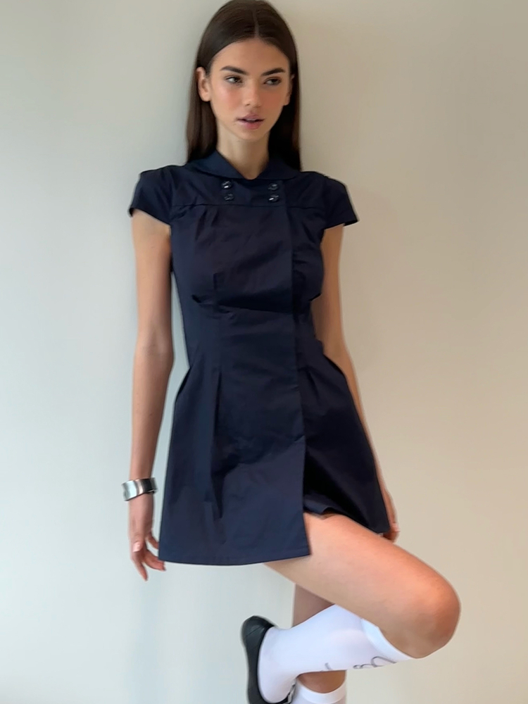Dark Blue Waist-Cinching Dress with Small Lapel - High-Level Girlish Charm, Mystical Fashion Inspired, Y2K Style Dark Blue Waist-Cinching Dress with Small Lapel - High-Level Girlish Charm, Mystical Fashion Inspired, Y2K Style