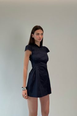 Dark Blue Waist-Cinching Dress with Small Lapel - High-Level Girlish Charm, Mystical Fashion Inspired, Y2K Style