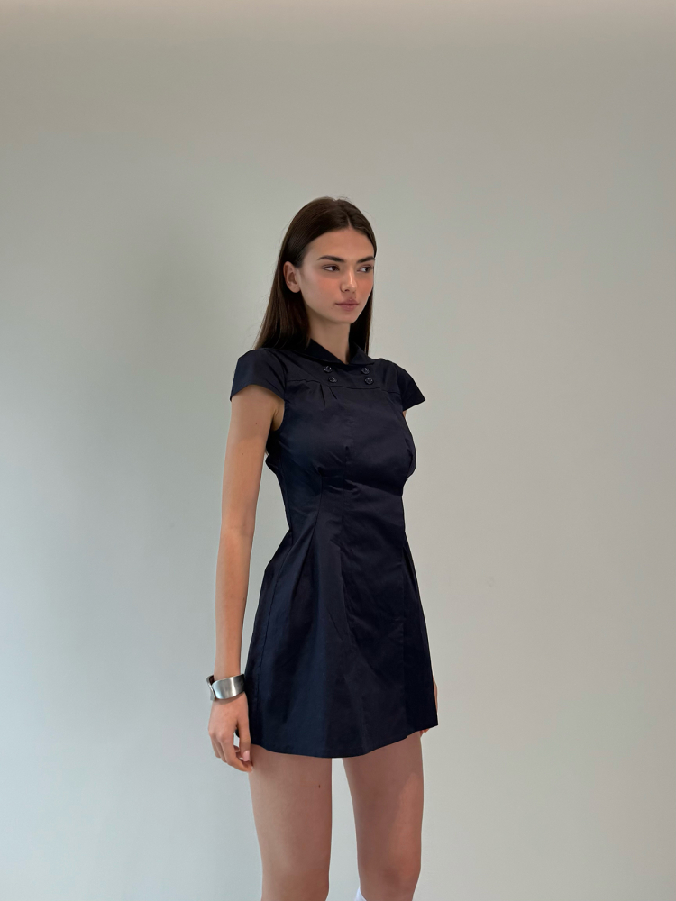 Dark Blue Waist-Cinching Dress with Small Lapel - High-Level Girlish Charm, Mystical Fashion Inspired, Y2K Style Dark Blue Waist-Cinching Dress with Small Lapel - High-Level Girlish Charm, Mystical Fashion Inspired, Y2K Style