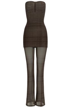 Dark Brown Plaid Vintage Fitted Strapless Jumpsuit - 90s Inspired Fashion Statement Piece