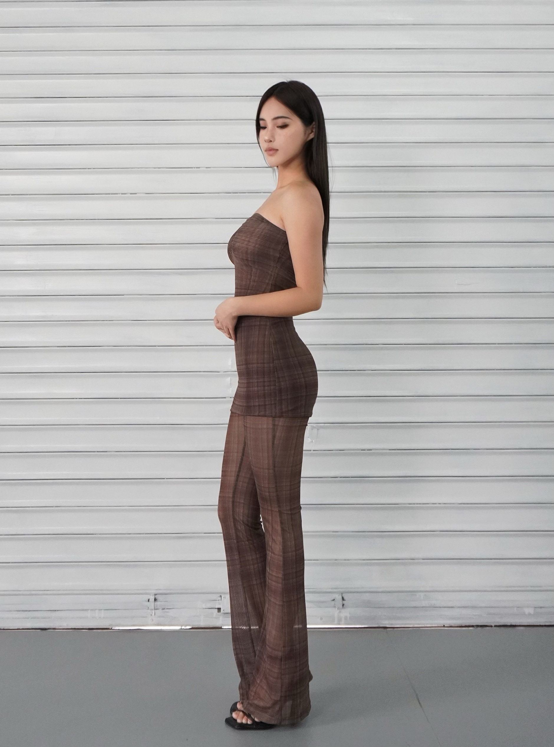 Dark Brown Plaid Vintage Fitted Strapless Jumpsuit - 90s Inspired Fashion Statement Piece Dark Brown Plaid Vintage Fitted Strapless Jumpsuit - 90s Inspired Fashion Statement Piece