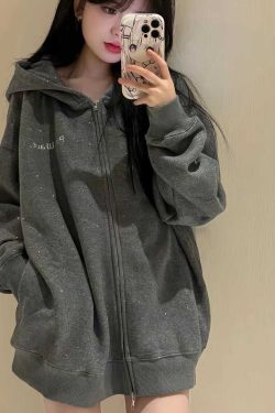 Dark Gray Glitter Hooded Zip-Up Sweatshirt for Women - Trendy Autumn Winter 2024 Jacket in Stylish Lazy Streetwear