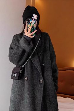 Dark Gray Reversible Cashmere Coat for Women - 2024 Autumn Winter Loose Fit Petite High-End Casual Wool Outerwear