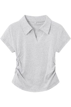 Dark Gray Women's Short Sleeve Polo Collar T-Shirt with Gathered Waist and Irregular Hem - Summer Essential, Trendy Casual Wear
