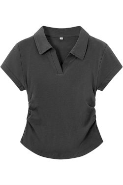 Dark Gray Women's Short Sleeve Polo Collar T-Shirt with Gathered Waist and Irregular Hem - Summer Essential, Trendy Casual Wear