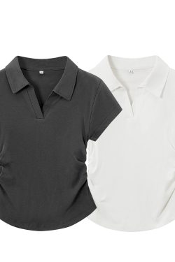 Dark Gray Women's Short Sleeve Polo Collar T-Shirt with Gathered Waist and Irregular Hem - Summer Essential, Trendy Casual Wear