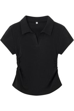 Dark Gray Women's Short Sleeve Polo Collar T-Shirt with Gathered Waist and Irregular Hem - Summer Essential, Trendy Casual Wear