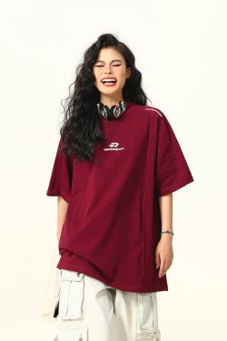 Dark Red Heavyweight Cotton Short-Sleeve T-Shirt for Women with Retro Letter Print – Stylish American 90s Vintage Look