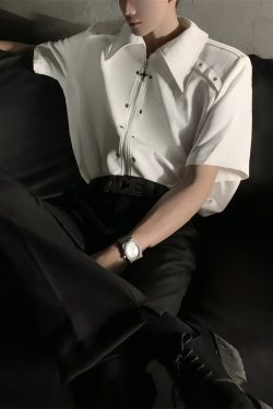 Deconstructed Metal Design Shoulder Pad Shirt for Men and Women - High-End Stylish Loose Zip Short Sleeve for Summer Fashion