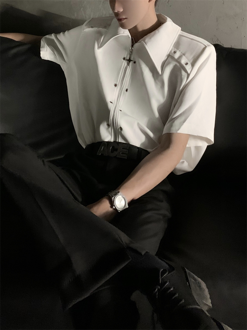 Deconstructed Metal Design Shoulder Pad Shirt for Men and Women - High-End Stylish Loose Zip Short Sleeve for Summer Fashion Deconstructed Metal Design Shoulder Pad Shirt for Men and Women - High-End Stylish Loose Zip Short Sleeve for Summer Fashion