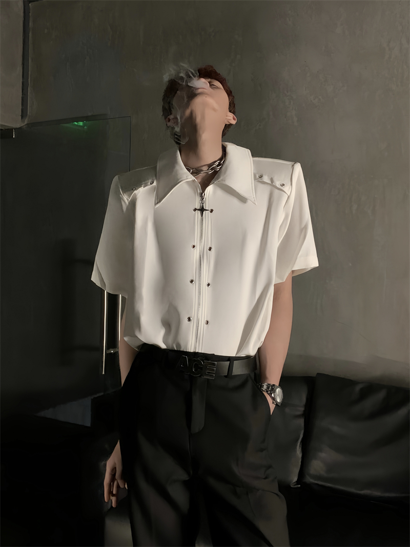 Deconstructed Metal Design Shoulder Pad Shirt for Men and Women - High-End Stylish Loose Zip Short Sleeve for Summer Fashion Deconstructed Metal Design Shoulder Pad Shirt for Men and Women - High-End Stylish Loose Zip Short Sleeve for Summer Fashion