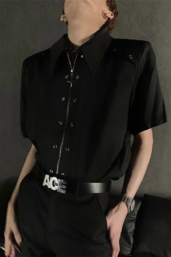 Deconstructed Metal Design Shoulder Pad Shirt for Men and Women - High-End Stylish Loose Zip Short Sleeve for Summer Fashion