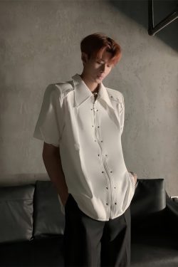 Deconstructed Metal Design Shoulder Pad Shirt for Men and Women - High-End Stylish Loose Zip Short Sleeve for Summer Fashion