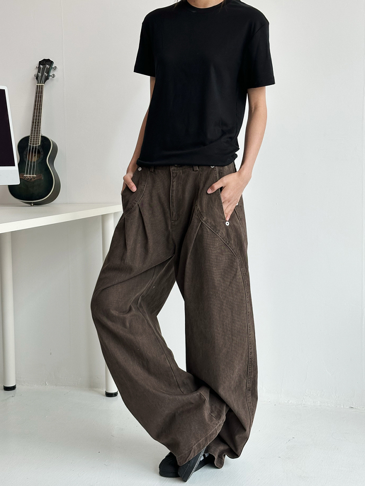 Deconstructed Tailored Casual Pants for Men and Women - Brown Rivet Design, Straight Loose Fit, Long Style, 90s Y2K Inspired Deconstructed Tailored Casual Pants for Men and Women - Brown Rivet Design, Straight Loose Fit, Long Style, 90s Y2K Inspired