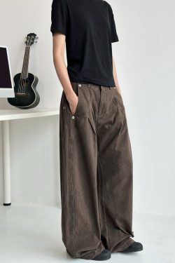 Deconstructed Tailored Casual Pants for Men and Women - Brown Rivet Design, Straight Loose Fit, Long Style, 90s Y2K Inspired