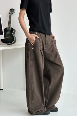 Deconstructed Tailored Casual Pants for Men and Women - Brown Rivet Design, Straight Loose Fit, Long Style, 90s Y2K Inspired