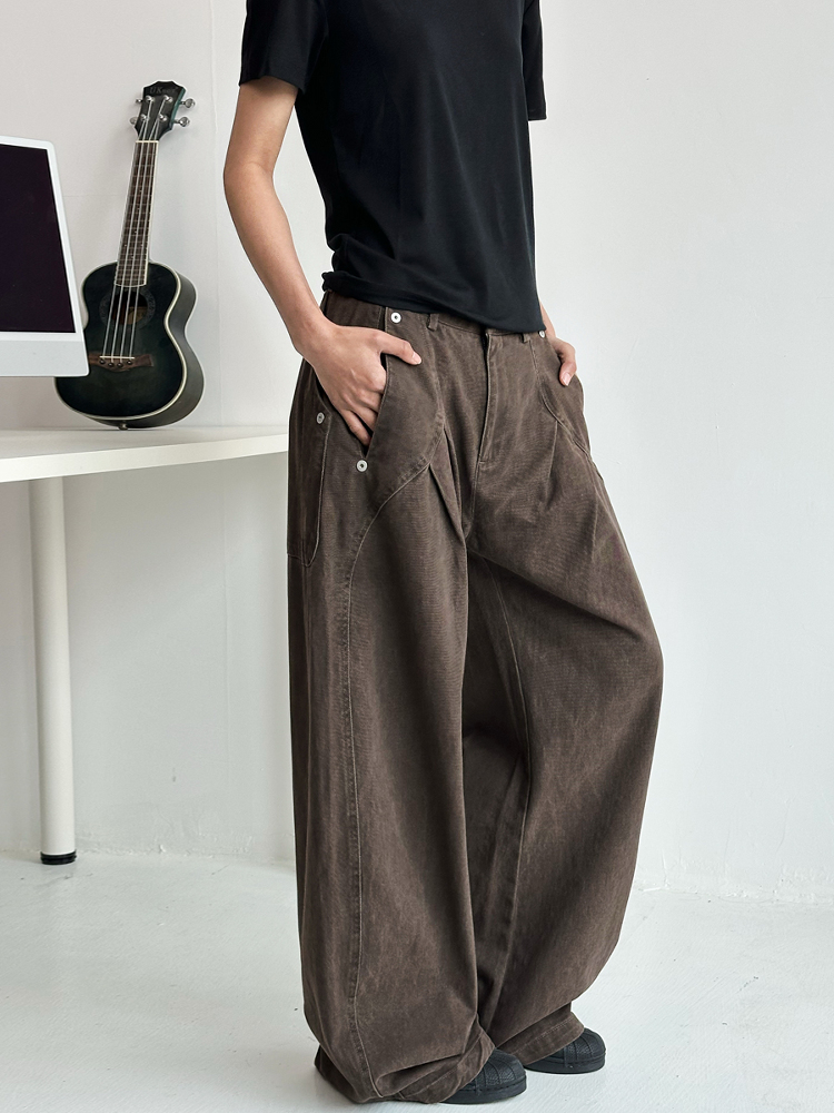 Deconstructed Tailored Casual Pants for Men and Women - Brown Rivet Design, Straight Loose Fit, Long Style, 90s Y2K Inspired Deconstructed Tailored Casual Pants for Men and Women - Brown Rivet Design, Straight Loose Fit, Long Style, 90s Y2K Inspired