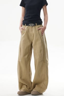 Deconstructed Vintage Work Pants for Men and Women - Retro Patchwork Khaki Curved Knife Design, American Style Fashion