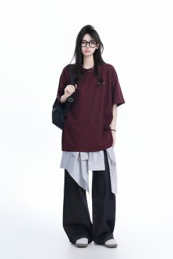 Deep Red Oversized Women’s T-Shirt with Round Neck, 