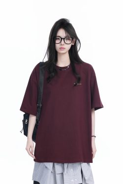 Deep Red Oversized Women’s T-Shirt with Round Neck, 