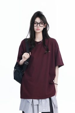 Deep Red Oversized Women’s T-Shirt with Round Neck, "Sit and Eat Until the Mountains Are Empty", American Retro Style, Short Sleeve