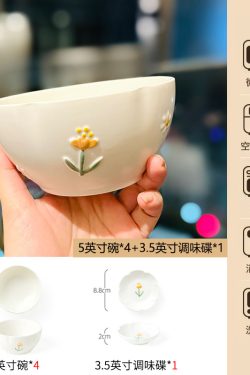 Delicate Daisy Flower Relief Ceramic Rice Bowl - 5-Inch Underglaze Soup Bowl for Home Decor, Aesthetic Kitchenware