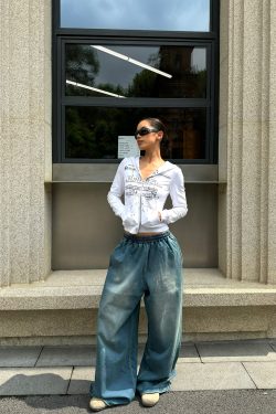 Denim Blue Wash Effect Loose Baggy Cuffed Sweatpants - Casual Y2K Style Fashion Bottoms for Effortless Comfort and Trendy Vibes